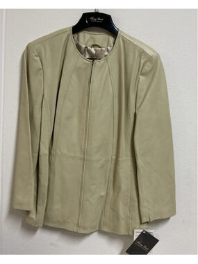 NWT Terry Lewis Leather Jacket 1X Womens Sage Green Collarless Zip Blazer Coat.